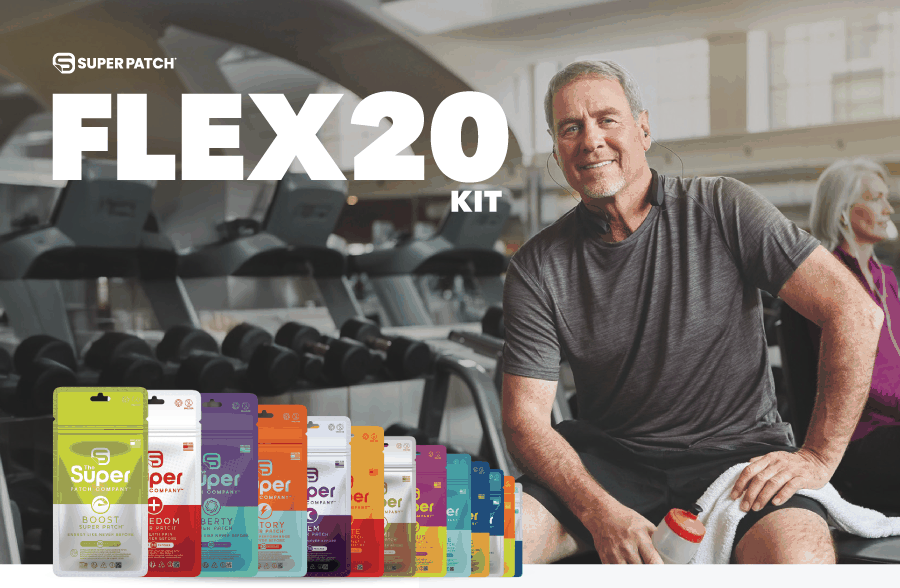 Super Patch Flex20 Kit with 20 customizable wellness patch packs in retail packaging